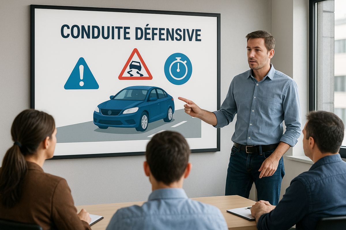 Formation en conduite défensive avec un formateur présentant à un groupe de conducteurs professionnels dans une salle de classe moderne.